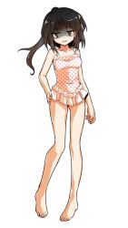 1girl alphes_(style) alternate_costume bare_arms bare_legs bare_shoulders barefoot black_eyes black_hair breasts casual_one-piece_swimsuit collarbone commentary_request dairi full_body gloom_(expression) hair_up hakurei_reimu hand_on_own_hip legs_apart looking_at_viewer medium_breasts no_hair_bow no_hair_ornament one-piece_swimsuit open_mouth parody polka_dot polka_dot_swimsuit ponytail silent_sinner_in_blue smile solo standing style_parody swimsuit tachi-e touhou touhou_bougetsushou transparent_background white_one-piece_swimsuit