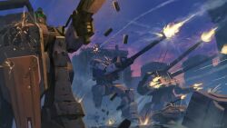absurdres artist_name assault_visor bloodhound_(gundam) building commentary commission english_commentary firing green_eyes green_visor ground_gm ground_gundam gun gundam gundam_08th_ms_team guntank_mass_production_type highres holding holding_gun holding_weapon icemarv14 mecha mecha_focus mobile_suit night night_sky no_humans realistic robot science_fiction shell_casing shield sky standing v-fin weapon