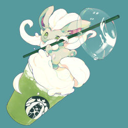 animal_hands bad_id bad_pixiv_id blue_background cinccino creatures_(company) cup disposable_cup drink drinking_straw full_body fur game_freak gen_1_pokemon gen_5_pokemon green_eyes hideko_(l33l3b) holding jynx lid nintendo no_humans parody pokemon pokemon_(creature) simple_background solo starbucks whipped_cream