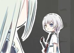 2girls :3 bang_dream! bang_dream!_it&#039;s_mygo!!!!! black_choker blue_eyes choker commentary electric_guitar green_hair guitar heterochromia instrument kaname_raana long_hair lyy multiple_girls outline shirt short_hair short_sleeves symbol-only_commentary wakaba_mutsumi white_hair white_outline white_shirt yellow_eyes