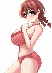 1girl aqua_eyes ass bare_arms blush bra braid breasts brown_hair emma_verde freckles hair_between_eyes highres huge_breasts looking_at_viewer love_live! love_live!_nijigasaki_high_school_idol_club panties parted_lips pisagi red_bra red_panties sidelocks simple_background solo standing thighs twin_braids underwear underwear_only white_background