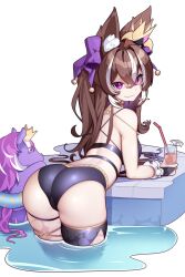 1girl animal_ears ass ass_focus back bikini black_bikini bow bowtie brown_hair crown drink fox_ears fox_girl highres horse hot_vr indie_virtual_youtuber inflatable_toy innertube multicolored_hair purple_eyes swim_ring swimsuit