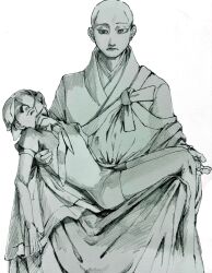 2others carrying closed_eyes commentary fine_art_parody gem_uniform_(houseki_no_kuni) greyscale hatching_(texture) highres houseki_no_kuni jacket japanese_clothes kongou_sensei monk monochrome multiple_others necktie oekakiai2525 parody phosphophyllite pieta puffy_short_sleeves puffy_sleeves robe short_hair short_shorts short_sleeves shorts symbol-only_commentary