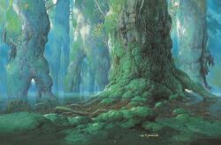 dated day forest highres lake light_particles light_rays mononoke_hime moss nature no_humans official_art outdoors painting_(medium) partially_immersed plant plant_roots scan signature sunbeam sunlight third-party_source traditional_media tree yamamoto_nizo