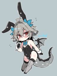 1boy animal_ears black_gloves black_leotard blue_bow blue_bowtie blush bow bowtie bulge chibi chibi_only claws dragon_boy dragon_tail dragon_wings fate/apocrypha fate_(series) flying_sweatdrops full_body gloves grey_thighhighs hair_bow haoro leotard male_focus male_playboy_bunny one-piece_swimsuit rabbit_ears red_eyes simple_background solo swimsuit tail thighhighs white_background white_one-piece_swimsuit wings