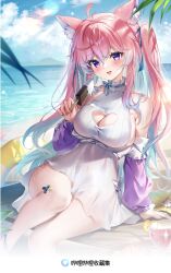 1girl ahoge aqua_hair bare_shoulders beach blue_ribbon blue_sky blush breasts chinese_commentary cleavage cleavage_cutout clothing_cutout cloud cloudy_sky collarbone commentary_request day dress drink food guzangnanfeng hair_between_eyes hair_ribbon heart_cutout highres holding holding_food holding_popsicle indie_virtual_youtuber innertube jacket large_breasts long_hair multicolored_hair neck_ribbon ocean open_mouth outdoors pink_hair pink_jacket popsicle purple_eyes ribbon sideboob sitting sky smile solo starfish swim_ring teletha_(vtuber) thighs twintails two-tone_hair virtual_youtuber white_dress