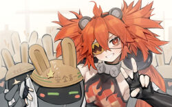 Rule 34 | 1girl, absurdres, bangboo (zenless zone zero), black gloves, blush, crop top, dodo (yatotoyatoto), eyepatch, fingerless gloves, gloves, highres, indoors, koleda belobog, long hair, looking at viewer, red eyes, red hair, smile, solo, sparkle, upper body, v, zenless zone zero