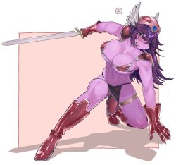 1girl armor bikini bikini_armor blush boots breasts cleavage colored_sclera colored_skin cosplay deltarune dragon_quest gloves helmet highres komugiko_(bitte_komu) large_breasts purple_hair purple_skin susie_(deltarune) swimsuit sword undertale underwear warrior weapon yellow_sclera