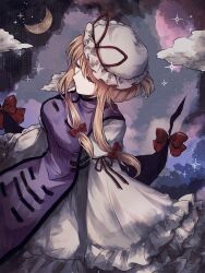 Rule 34 | 1girl, blonde hair, bow, breasts, closed eyes, closed mouth, cloud, commentary, crescent moon, dress, expressionless, frilled sleeves, frills, from above, gap (touhou), hair bow, hat, hat ribbon, highres, koto (shiberia39), large breasts, long hair, long sleeves, mob cap, moon, purple tabard, red bow, red ribbon, ribbon, sidelocks, sleeves past fingers, sleeves past wrists, solo, tabard, touhou, trigram, twitter username, white dress, wide sleeves, yakumo yukari