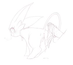 1girl after_anal aftersex animal_collar animal_focus animal_sexualization anus ass bestiality blush breath cleft_of_venus closed_mouth collar cum cum_in_ass cum_string cumdrip disembodied_penis erection espeon fang forehead_jewel from_behind gen_2_pokemon greyscale happy hetero kekitopu looking_at_another looking_back monochrome nintendo penis pokemon pokemon_(creature) profile pussy simple_background sketch skin_fang smile solo_focus standing tail tailjob testicles veins veiny_penis white_background wide-eyed