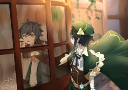 2boys absurdres androgynous beret black_hair blue_eyes blue_hair blurry blurry_background bow braid brooch brown_cloak cape cloak collared_cape collared_shirt corset flower gem genshin_impact gradient_hair green_eyes green_headwear green_shorts hat hat_flower highres jewelry kurorin5 leaf long_sleeves male_focus multicolored_hair multiple_boys nameless_bard_(genshin_impact) open_mouth reflection shirt short_hair_with_long_locks shorts signature smile tassel twin_braids venti_(genshin_impact) vision_(genshin_impact) white_flower white_shirt window