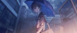1boy amamiya_ren bag black_jacket building chain-link_fence closed_mouth cloud cloudy_sky fence glasses highres illowine jacket lapels looking_at_viewer notched_lapels outdoors persona persona_5 rain school school_bag school_uniform shuujin_academy_school_uniform sky solo standing