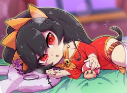1girl ashley_(warioware) bad_tag bed_sheet belt black_hair blurry blurry_background blush dress drooling female_focus hair_between_eyes hairband head_on_pillow heart heart-shaped_pupils highres indoors loli long_hair long_sleeves looking_at_viewer lying mario_(series) neckerchief nintendo on_bed on_side open_mouth orange_hairband orange_neckerchief pillow bad_tag red_dress red_eyes saliva sidelocks solo super_mushroom sweat symbol-shaped_pupils teeth thigh_belt thigh_strap tokkyuu_mikan twintails upper_teeth_only warioware