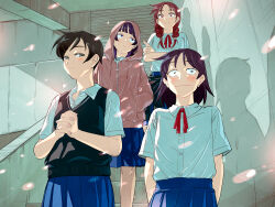 4girls :| arms_behind_back black_hair black_sweater_vest blue_skirt blunt_bangs blush braid brown_hair closed_mouth collared_shirt commentary_request concrete crossed_arms dress_shirt feet_out_of_frame fujii_ayame futsuu_no_keion-bu green_eyes hair_ornament hairpin hands_in_pocket hatono_chihiro head_tilt heartbreak_(futsuu_no_keion-bu) height_difference highres hood hood_up hooded_jacket interlocked_fingers jacket kouyama_rin light_particles long_sleeves looking_at_another looking_to_the_side looking_up medium_hair mole mole_under_eye multiple_girls mumumi neck_ribbon nervous on_stairs own_hands_clasped own_hands_together parted_bangs pink_jacket pink_nails pixie_cut pleated_skirt purple_eyes purple_hair red_eyes red_ribbon ribbon sanpaku school_uniform security_shutter shadow shirt shirt_tucked_in short_hair short_sleeves sidelighting skirt smile stairs standing sweater_vest twin_braids twintails uchida_momo upper_body wavy_mouth white_shirt