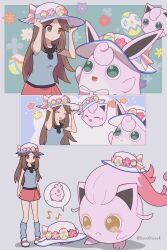 1girl 343rone :d absurdres brown_eyes brown_hair closed_eyes closed_mouth clothed_pokemon commentary_request creatures_(company) evolutionary_line game_freak gen_1_pokemon gen_2_pokemon hands_on_headwear hat hat_ribbon highres igglybuff jigglypuff leaf_(pokemon) long_hair loose_socks musical_note nintendo open_mouth pleated_skirt pokemon pokemon_(creature) pokemon_frlg pokemon_unite ribbon scream_tail shirt shoes skirt sleeveless sleeveless_shirt smile socks spoken_character standing white_footwear white_headwear wigglytuff