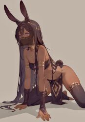 1girl absurdres all_fours animal_ear_fluff animal_ears armlet bare_hips bare_shoulders breasts bridal_gauntlets brown_hair cleavage dancer dark_skin frown gold_armlet groin highres jewelry light_frown long_hair looking_ahead medium_breasts mouth_veil neck_ring original pelvic_curtain purple_eyes rabbit_ears rabbit_girl rabbit_tail skindentation solo stirrup_legwear tail thighhighs toeless_legwear txooxt veil very_long_hair