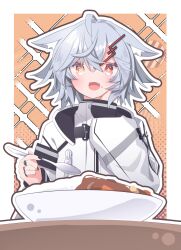 +_+ 1girl :d ahoge animal_ear_fluff animal_ears blush curry curry_rice fang food food_on_face grey_hair hair_between_eyes hair_ornament hairclip halftone hand_on_own_cheek hand_on_own_face highres holding holding_spoon jacket jewelry long_sleeves looking_at_viewer open_mouth orange_eyes original outline red_eyes rice rice_on_face ring satoh_vrc shirt short_hair skin_fang sleeves_past_wrists smile solo spoon upper_body vrchat white_jacket white_outline