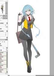 Rule 34 | 1girl, ai the somnium files, ai the somnium files: nirvana initiative, bag, black dress, black pantyhose, black shoes, blue hair, braid, brown bag, collared shirt, dress, full body, grey eyes, grin, heterochromia, holding, holding bag, illowine, lead pipe, long hair, low twin braids, okiura mizuki, pantyhose, school uniform, sekiba girls&#039; high school uniform, shirt, shoes, simple background, smile, solo, twin braids, very long hair, vest, white background, white shirt, yellow eyes, yellow vest