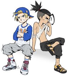 2boys absurdres aged_down backwards_hat bandaid baseball_cap black_eyes black_hair black_pants blonde_hair blood blood_on_face blue_eyes bruise clenched_teeth closed_mouth clothes_lift crossed_legs frown full_body gauze grey_pants hat highres injury invisible_chair jamie_siu lifting_own_clothes long_sleeves looking_ahead luke_sullivan male_focus multicolored_shirt multiple_boys navel nosebleed pants print_shirt sach56000 sandals shirt shirt_lift shoelaces shoes simple_background sitting socks street_fighter street_fighter_6 tank_top teeth white_background white_tank_top wiping_face