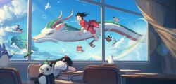 bird black_hair blue_sky broom broom_riding chair classroom cloud commentary desk dragon dreaming eastern_dragon gake_no_ue_no_ponyo haku_(sen_to_chihiro_no_kamikakushi) highres japanese_clothes kiki_(majo_no_takkyuubin) kimono majo_no_takkyuubin notebook ogino_chihiro ponyo red_kimono school_desk seagull sen_to_chihiro_no_kamikakushi sky sleeping sleeping_on_desk studio_ghibli stuffed_animal stuffed_panda stuffed_toy susuwatari tenkuu_no_shiro_laputa tonari_no_totoro totoro witch yuuta_(806350354)