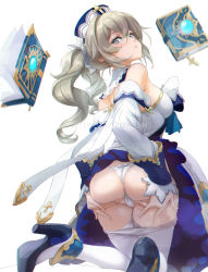 1girl ass ass_support barbara_(genshin_impact) bare_shoulders blonde_hair blush book bow bow_panties breasts clothes_pull dress drill_hair floating floating_book floating_object frilled_dress frilled_skirt frills genshin_impact grabbing_own_ass hat high_heels long_sleeves looking_at_viewer looking_back panties pantyhose pantyhose_pull pumps simple_background skirt solo spykeee twin_drills twintails twitter_username underwear white_background white_dress white_panties white_pantyhose