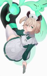 1girl absurdres animal_ears apron blonde_hair closed_mouth dress green_dress green_eyes hat highres indie_virtual_youtuber looking_at_viewer naplings_(nimi_nightmare) nimi_nightmare nurse nurse_cap oversized_object phaego side_ponytail smile smoking_pipe solo tapir_ears tapir_girl thighhighs virtual_youtuber white_apron white_thighhighs