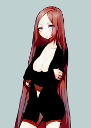 1boy absurdres blue_eyes bluerancel breast_hold breasts cleavage crossed_arms frown grey_background highres long_hair male_focus male_with_breasts namine_ritsu open_clothes open_shirt panties red_hair shirt simple_background solo trap underwear utau very_long_hair vocaloid white_panties