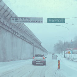 building car circle_k_(store) day highres lamppost motor_vehicle no_humans outdoors road road_sign sign simon_stalenhag snow sports_utility_vehicle swedish_machines swedish_text traffic tree van winter