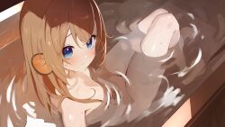 1girl absurdres bath bathing blue_eyes breasts brown_hair closed_mouth completely_nude fins head_fins highres indie_virtual_youtuber kkix25 long_hair looking_at_viewer misumi_nozomi nude partially_submerged second-party_source small_breasts solo virtual_youtuber water