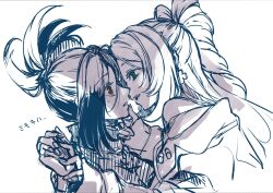 2girls brown_eyes dendra_(pokemon) from_side green_eyes greyscale hand_on_another&#039;s_chin highres imminent_kiss long_hair long_sleeves looking_at_another mipokec miriam_(pokemon) monochrome multiple_girls nintendo open_mouth pokemon pokemon_sv spot_color twitter_username upper_body yuri