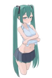 1girl absurdres aqua_eyes aqua_hair aqua_trim bare_shoulders black_skirt breasts clothes_lift collared_shirt double-parted_bangs floating_headgear funakinuta grey_shirt hair_between_eyes hatsune_miku headgear highres lifting_own_clothes long_hair looking_at_viewer medium_breasts midriff navel pleated_skirt shirt shirt_lift sidelocks simple_background skirt sleeveless sleeveless_shirt solo twintails undressing very_long_hair vocaloid white_background
