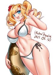 1girl absurdres artist_name bikini black_trim blonde_hair blue_eyes blush breasts cleavage cowboy_shot dated donut_innertube drill_hair flower hair_flower hair_ornament halterneck hibiscus highres honolulu_(kancolle) honolulu_(swimsuit)_(kancolle) innertube kantai_collection katou_shinobu large_breasts long_hair looking_at_viewer navel official_alternate_costume one-hour_drawing_challenge open_mouth red_flower side-tie_bikini_bottom simple_background smile solo stomach string_bikini swim_ring swimsuit twin_drills twintails twitter_username white_background white_bikini