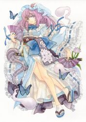1girl absurdres blue_bow blue_bowtie blue_butterfly blue_hat blue_kimono blue_sandals bow bowtie breasts bug butterfly commentary floral_print flower folding_fan frilled_kimono frills full_body hand_fan hat highres hitodama holding holding_fan insect japanese_clothes kimono kisarush long_hair long_sleeves looking_at_viewer mob_cap obi painting_(medium) pink_eyes pink_hair ribbon-trimmed_sleeves ribbon_trim saigyouji_yuyuko sandals sash sheath sheathed sleeve_garter smile socks solo sword tabi touhou traditional_media triangular_headpiece watercolor_(medium) watermark weapon white_socks wide_sleeves