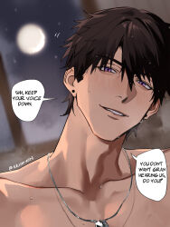 1boy black_hair caleb_(love_and_deepspace) chain chain_necklace earrings eriimyon highres jewelry looking_at_viewer love_and_deepspace male_focus neck necklace open_mouth purple_eyes smile speech_bubble sweat wet wet_hair