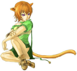 1girl animal_ears bell cat_ears cat_girl cat_tail choker female_focus fingerless_gloves fire_emblem fire_emblem:_path_of_radiance fire_emblem:_radiant_dawn full_body gloves laguz_(race) lethe_(fire_emblem) lowres nintendo orange_hair purple_eyes shoes short_hair side_slit simple_background single_glove sitting solo tail white_background