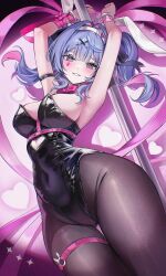 1girl absurdres animal_ears arm_belt armpits arms_up belt black_belt black_leotard black_pantyhose blue_eyes blue_hair blush bow bowtie breasts chest_belt colored_inner_hair commentary cowboy_shot cuffs fake_animal_ears floating_hair grin hair_between_eyes hair_ornament hairband handcuffs hatsune_miku heart heart_print highres large_breasts leotard long_hair looking_at_viewer multicolored_hair pantyhose pink_belt pink_bow pink_bowtie pink_hair pink_pupils pink_ribbon pole print_background rabbit_ears rabbit_hole_(vocaloid) ribbon smile solo standing strapless strapless_leotard symbol-only_commentary teardrop_facial_mark thighs twintails vocaloid white_hairband wrist_ribbon x_hair_ornament zije