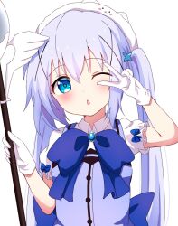 1girl ;o adapted_costume blue_bow blue_bowtie blue_eyes blue_hair blue_pupils blue_vest blush bow bowtie commentary gloves gochuumon_wa_usagi_desu_ka? hair_between_eyes hair_ornament hands_up highres holding holding_spoon huge_bow huge_spoon kafuu_chino long_hair looking_at_viewer magical_girl one_eye_closed open_mouth poteto_furai puffy_short_sleeves puffy_sleeves shirt short_sleeves sidelocks sleeve_bow solo spoon straight_hair tippy_(gochiusa) twintails upper_body v v_over_eye very_long_hair vest white_gloves white_shirt x_hair_ornament
