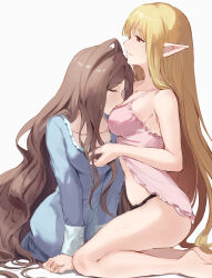 Rule 34 | 2girls, bare arms, black panties, blonde hair, blue dress, brown hair, camisole, closed eyes, commentary, dress, elf, highres, jojobirdz, long hair, multiple girls, panties, parted lips, pink camisole, pointy ears, red eyes, sense (sousou no frieren), serie (sousou no frieren), simple background, smile, sousou no frieren, underwear, white background, yuri