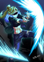 1girl blindfold blonde_hair denim eye_mask highres jeans midriff navel pants tagme torn_clothes