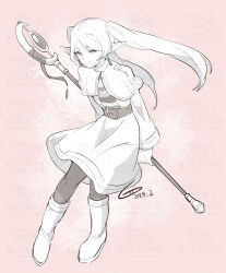 1girl belt belt_buckle boots buckle buttons collared_capelet commentary_request earrings elf expressionless floating_hair frieren full_body greyscale_with_colored_background high-waist_skirt highres holding holding_behind_back holding_staff holding_weapon_behind_back jacket jewelry knees loi_(loiqi107) long_hair long_sleeves medium_skirt open_clothes open_jacket pantyhose pink_background pleated_skirt pointy_ears shirt signature simple_background skirt solo sousou_no_frieren staff striped_clothes striped_shirt twintails two-tone_shirt watermark watermark_grid