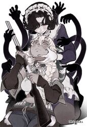 2girls apron argus_(reverse:1999) artist_name bare_shoulders black_hair black_pantyhose blonde_hair blue_pants blush braid brown_sleeves cowboy_shot crazy_smile denim detached_sleeves disembodied_hand drawkill dress eye_contact facing_up gun hair_over_one_eye hands_on_another&#039;s_cheeks hands_on_another&#039;s_face hands_up head_down highres holding holding_gun holding_weapon jeans kneeling long_braid long_sleeves looking_at_another looking_down lying_on_another maid maid_headdress midriff multiple_girls one_eye_covered pants pantyhose purple_dress reverse:1999 rifle scar scar_across_eye scar_on_face short_hair single_braid smile sweat tank_top tuesday_(reverse:1999) weapon white_apron white_background white_tank_top