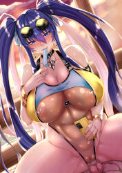 Rule 34 | 1girl, action taimanin, akiyama rinko, alternate costume, alternate hairstyle, breasts, cellphone, censored, covered navel, curvy, food, hetero, highres, holding, holding food, ice cream, large breasts, licking, lips, long hair, looking at another, looking at viewer, official alternate costume, official alternate hairstyle, penis, phone, r-wade, see-through clothes, sitting, sitting on person, sunglasses, swimsuit, taimanin (series), taimanin yukikaze, thong one-piece swimsuit, wide hips
