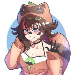 Rule 34 | 1girl, absurdres, animal ears, bandaid, bandaid on face, bandaid on nose, black gloves, blue eyes, blush, bow, brown hair, brown headwear, brown jacket, chromatic aberration, collarbone, colored tips, commentary, fake animal ears, fang, gloves, green bow, halterneck, hand in own hair, hands up, hat ornament, highres, jacket, leaf hat ornament, long sleeves, multicolored eyes, multicolored hair, off shoulder, owozu, purple eyes, raccoon ears, raccoon girl, raccoon hat, raccoon tail, rakkun sutaru, rakkun sutaru (2nd costume), red hair, sleeves past wrists, smirk, smug, solo, spanish commentary, streaked hair, tail, trebas, virtual youtuber, white background