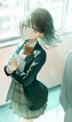 1boy 1girl ahoge blazer blurry blurry_background blush bow bowtie brown_hair collared_shirt colored_inner_hair commentary_request cowboy_shot earrings green_eyes green_hair grey_skirt hallway highres holding holding_notebook jacket jewelry long_sleeves looking_at_viewer multicolored_hair notebook original plaid_clothes plaid_skirt pleated_skirt rainbow red_bow red_bowtie school_uniform shirt short_hair skirt smile solo_focus split_mouth stud_earrings waving white_shirt window yukimaru_nun