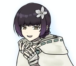 1girl bandaged_hand bandaged_neck bandages cloak derivative_work girls&#039;_frontline hood hood_down laughing looking_at_viewer machlian_(girls&#039;_frontline) open_mouth purple_hair screenshot_redraw simple_background solo teeth white_background white_cloak