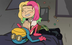 Rule 34 | 1boy, 1girl, amphibia, bar censor, bed, bedroom, blonde hair, blush, boots, censored, closed eyes, collared shirt, colored skin, covered face, ctfbm, frog boy, full body, green hair, green skirt, grin, indoors, long hair, lying, male masturbation, masturbation, molly jo, multicolored hair, pantyhose, pink hair, pink skin, round eyewear, shirt, skirt, smile, sprig plantar, sweatdrop, sweater vest, teeth
