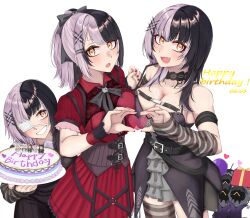 3girls absurdres birthday_cake black_arm_warmers black_choker black_corset black_dress black_hair black_nails black_ribbon black_thighhighs box breast_press breasts cake choker cleavage corset dress eyepatch food fuwawa_abyssgard gift gift_box grey_hair grin happy_birthday heart heart_hands heart_hands_duo highres hololive hololive_english koseki_bijou large_breasts long_hair medical_eyepatch mmneko mococo_abyssgard multicolored_hair multiple_girls nerissa_ravencroft novelites_(shiori_novella) ponytail red_dress ribbon shiori_novella shiori_novella_(1st_costume) shiori_novella_(casual) single_thighhigh smile split-color_hair striped_arm_warmers striped_clothes striped_thighhighs teeth thighhighs two-tone_hair virtual_youtuber white_background