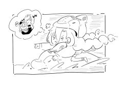 Rule 34 | 1girl, 37 (reverse:1999), arcana (reverse:1999), braid, chibi, closed eyes, daku k, dolphin, dolphin costume, greyscale, highres, imagining, lineart, long hair, low twin braids, monochrome, outside border, pointing, puff of air, reverse:1999, riding, solo, sophia (reverse:1999), speech bubble, thought bubble, twin braids, white background