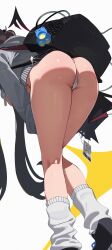 1girl absurdres ass ass_focus backpack bag bag_charm bent_over black_hair black_shoes charm_(object) foot_out_of_frame grey_hoodie head_out_of_frame highres hood hoodie long_hair loose_socks mole mole_on_ass no_pants original panties shoes socks solo standing thong tonki two-tone_background underwear very_long_hair white_background white_panties white_socks yellow_background