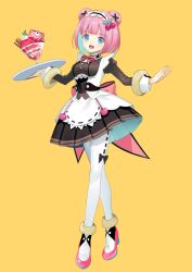 1girl blue_eyes blush breasts colored_inner_hair double_bun food hair_bun high_heels highres holding holding_food ice_cream mirai_akari&#039;s_new_virtual_youtuber_illustration_contest multicolored_hair open_mouth pantyhose pink_hair pink_ribbon ribbon short_hair smile underboob urata_asao white_pantyhose